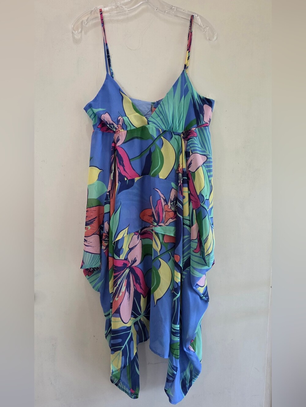 Jealous Tomato Blue Tropical Floral Spaghetti Strap Handkerchief Hem EUC Dress